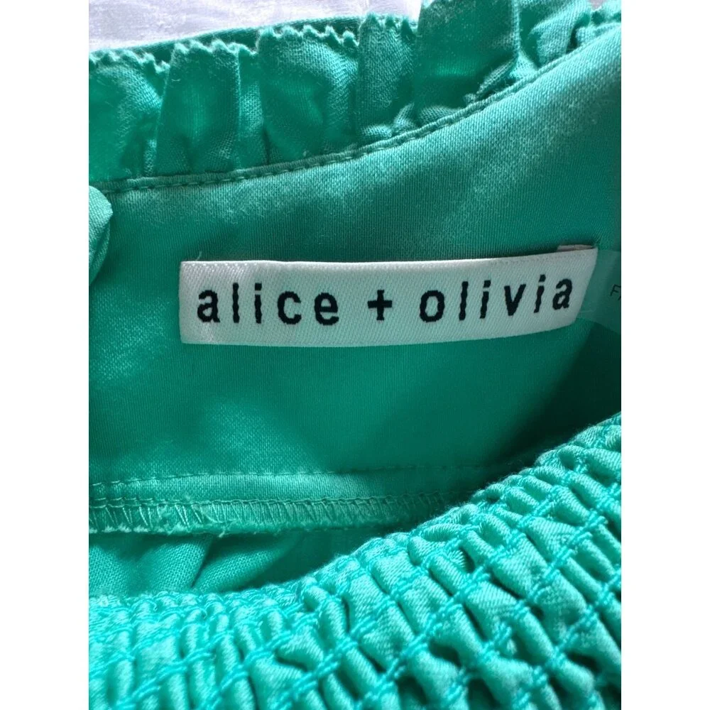 Alice + Olivia Green Smocked Puff Sleeve Mini Dress Size 2 Cotton Cottage Core